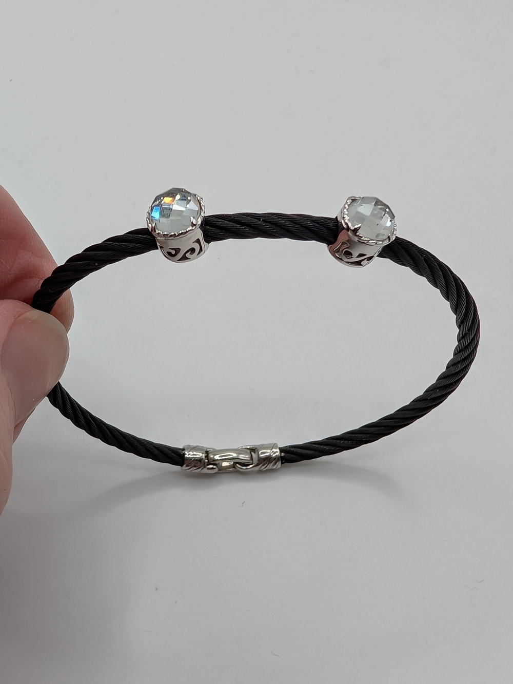 Alor Black Stainless Steel Cable Bracelet With White Topaz Cabochons